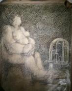 "Naakt met tuba" Grote pentekening met krastechniek. 1985, Antiek en Kunst, Kunst | Schilderijen | Modern, Ophalen