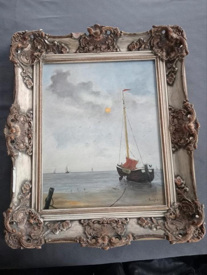 Olieverf op doek bootjes P. Looyensteyn, Antiek en Kunst, Kunst | Schilderijen | Klassiek, Ophalen of Verzenden