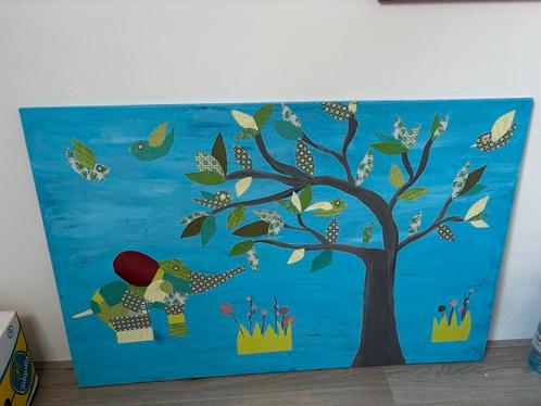 Kunstwerk met Olifant en Boom van Behangresten - 110,5x75cm, Antiek en Kunst, Kunst | Overige Kunst, Ophalen of Verzenden