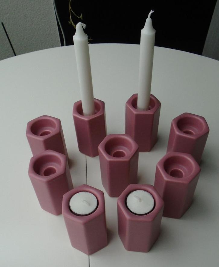 WAXINELICHTJES EN KANDELAAR OUDROZE 6 HOEKIG 8 STUKS, Diversen, Kerst, Nieuw, Ophalen of Verzenden