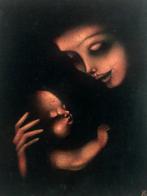 Schilderij Moeder en Baby op Zwart Fluweel, Antiek en Kunst, Ophalen of Verzenden