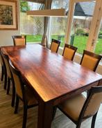 Massief houten eettafel + 8 stoelen, Ophalen, Gebruikt, 100 tot 150 cm, 200 cm of meer
