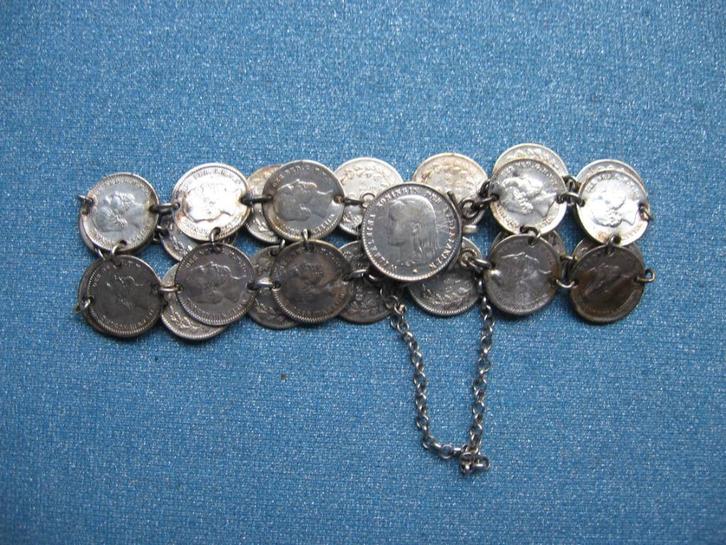 Armband Wilhelmina 5 cent munten 19e eeuw, Sieraden, Tassen en Uiterlijk, Antieke sieraden, Armband, Zilver, Ophalen of Verzenden