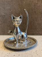 Vintage verzilverde ringenhouder - beeldje kat, Antiek en Kunst, Ophalen of Verzenden