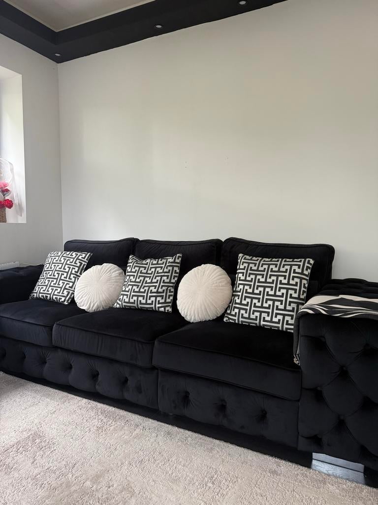 Luxe Zwart Velvet Banken Set - Zo Goed Als Nieuw!, Huis en Inrichting, Banken | Bankstellen, Zo goed als nieuw, Rechte bank, Vierpersoons of meer