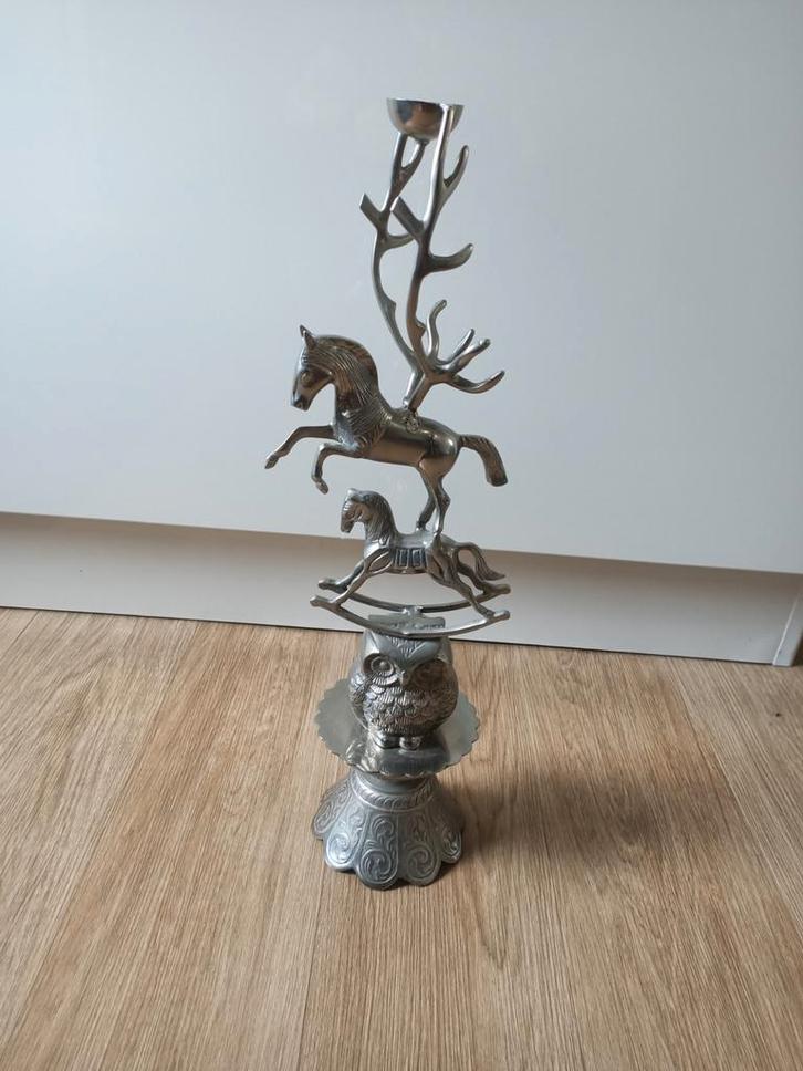 Bijzondere kandelaar met paarden en uil, Antiek en Kunst, Antiek | Kandelaars, Zilver, Ophalen of Verzenden