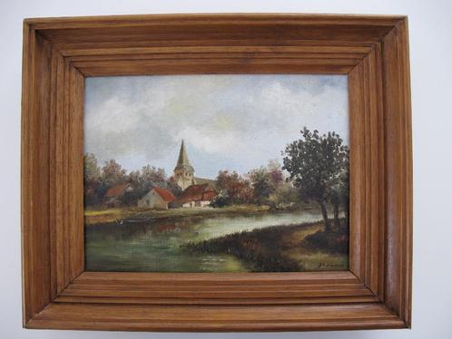 Schilderijtje met kerkje en boerderijen, Huis en Inrichting, Woonaccessoires | Schilderijen, Tekeningen en Foto's, Zo goed als nieuw