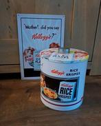 Vintage roze rond bewaarblik reclamebord Kellogg's prijs pst, Ophalen of Verzenden, Gebruikt