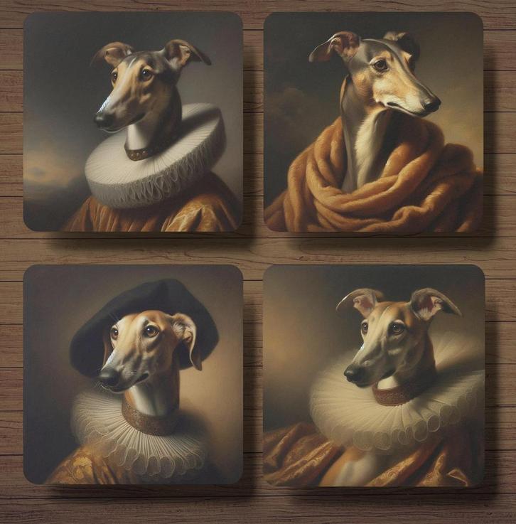 Greyhound Rembrandt stijl onderzetters met houder, Huis en Inrichting, Woonaccessoires | Onderzetters, Nieuw, Glas of Kopje, Ophalen of Verzenden