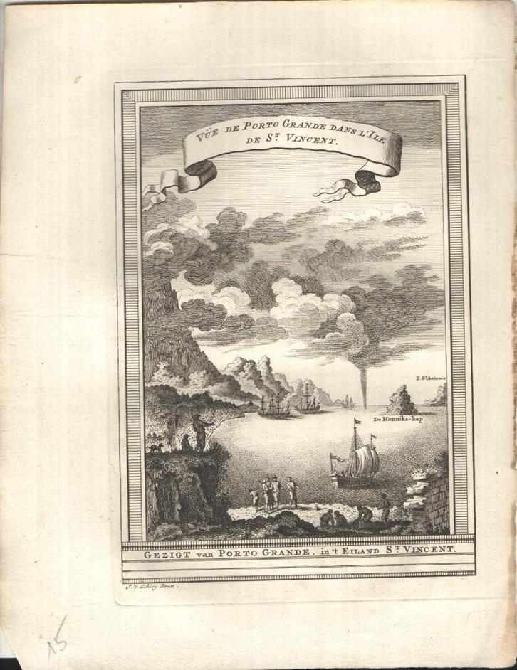 Gezigt van Porto Grande, in 't Eiland St. Vincent, Antiek en Kunst, Kunst | Etsen en Gravures, Ophalen of Verzenden