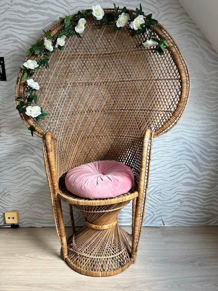 Rotan Pauwenstoel met Kussen en Decoratie, Huis en Inrichting, Stoelen, Gebruikt, Eén, Riet of Rotan, Bruin, Ophalen