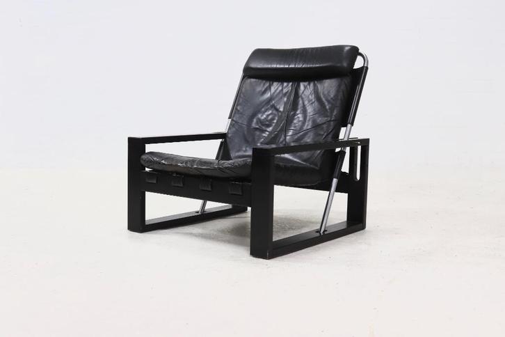 Brutalist Fauteuil Sonja Wasseur Jaren 60 70 Vintage Design, Huis en Inrichting, Fauteuils, Gebruikt, Hout, Leer, Metaal, Ophalen