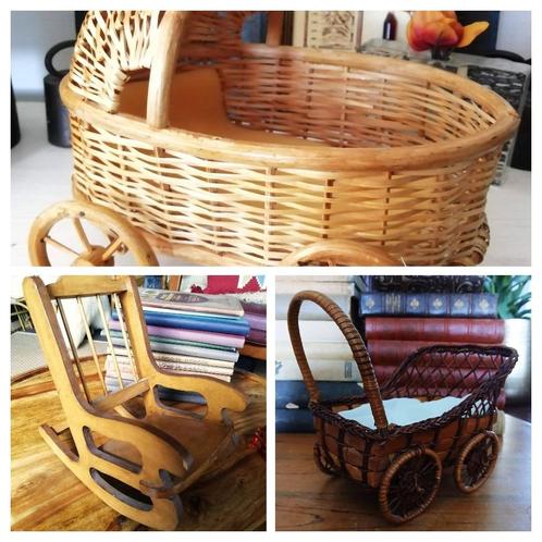 Rieten poppenwiegje wielen wandelwagen met kap schommelstoel, Antiek en Kunst, Curiosa en Brocante, Ophalen of Verzenden