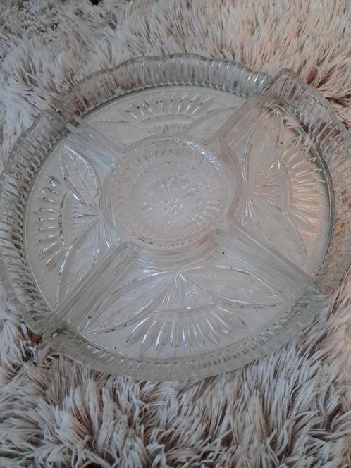 SCHITTERENDE VINTAGE SERVEERSCHAAL GLAS OP DRAAIPLATEAU., Antiek en Kunst, Antiek | Glas en Kristal, Ophalen of Verzenden