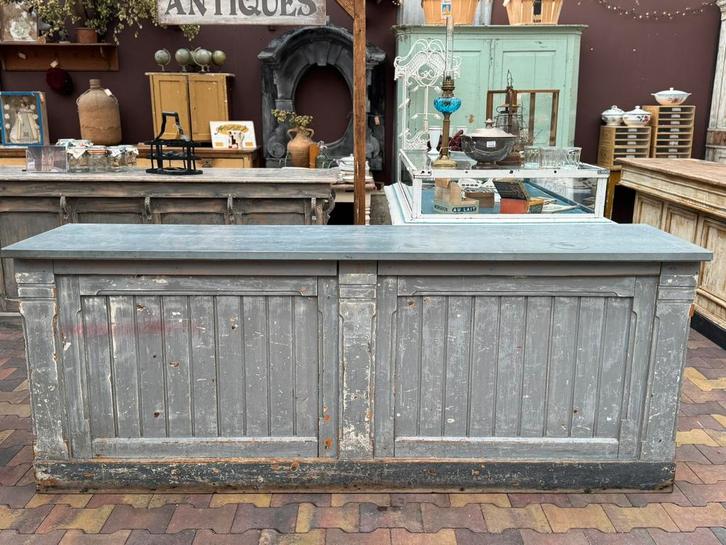 Stoere toonbank, zinken blad, grijs, hout,patine,lades,2.17b, Antiek en Kunst, Curiosa en Brocante, Ophalen