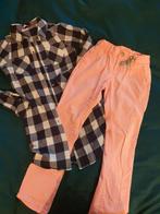 Geruite geblokte lange blouse en neon broek 140, Ophalen of Verzenden, Zo goed als nieuw, Meisje, Broek