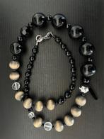 Dyrberg/Kern ketting houtkralen zwart grijs beige hout 80 cm, Met kristal, Overige materialen, Verzenden, Zwart