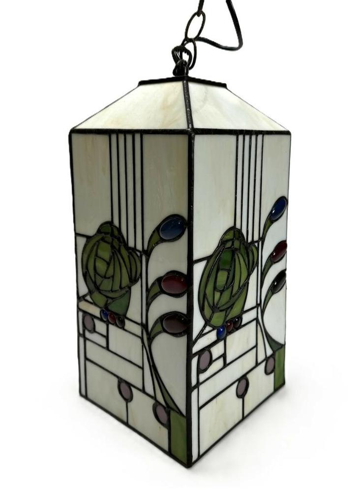 622. Glas-in-lood hanglamp, 1930-1950 – Europa, Huis en Inrichting, Lampen | Hanglampen, Minder dan 50 cm, Glas, Ophalen of Verzenden