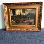 Olieverf paneel kippen haan, Antiek en Kunst, Kunst | Schilderijen | Klassiek, Ophalen of Verzenden