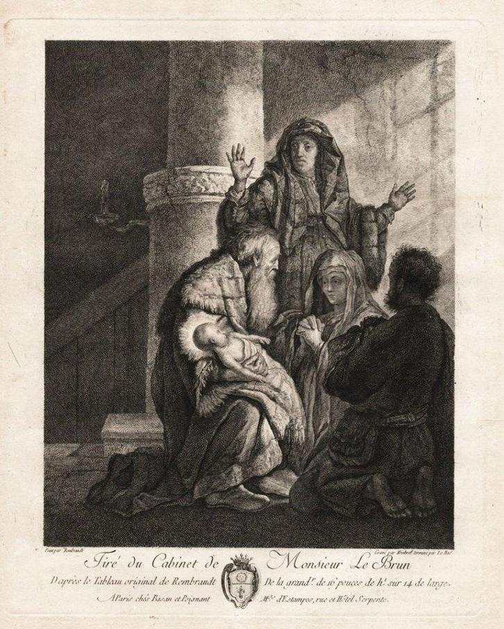 Ets/gravure 1775 naar Rembrandt – Opdracht in de Tempel, Antiek en Kunst, Kunst | Etsen en Gravures, Verzenden