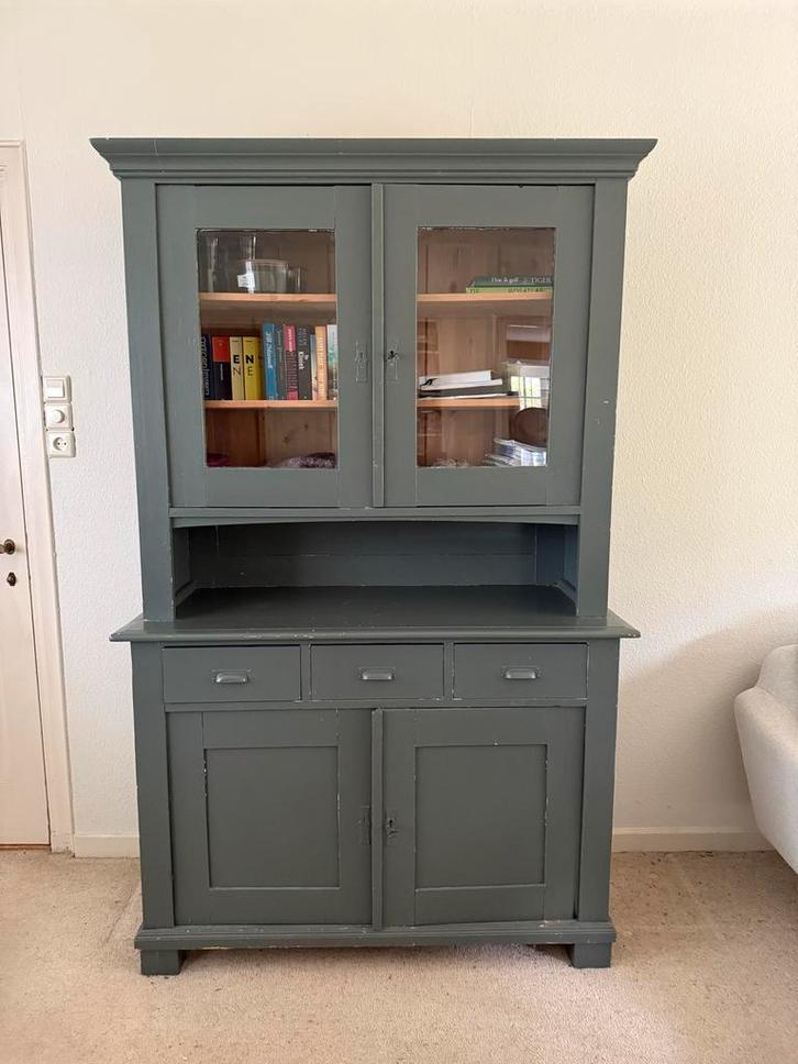 Vintage Buffetkast met Glasdeuren donkergroen, Huis en Inrichting, Kasten | Buffetkasten, Gebruikt, 150 tot 200 cm, 100 tot 150 cm
