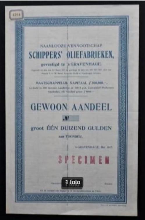 Schippers'Oliefabrieken - 's-Gravenhage / Vlaardingen - 1917, Postzegels en Munten, Aandelen en Waardepapieren, Aandeel, Voor 1920