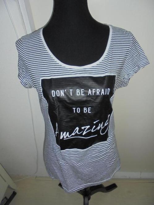 Zwart wit streepshirt met tekst maat L, Kleding | Dames, T-shirts, Zo goed als nieuw, Maat 42/44 (L), Korte mouw, Ophalen of Verzenden