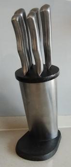 Houten messenblok met 4 massieve RVS messen zgan, Ophalen of Verzenden, Zo goed als nieuw, Rvs of Chroom, Vaatwasserbestendig