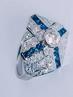 Belle Epoque platinum ring met diamant en saffieren, Overige materialen, Blauw, Ophalen of Verzenden, Zo goed als nieuw