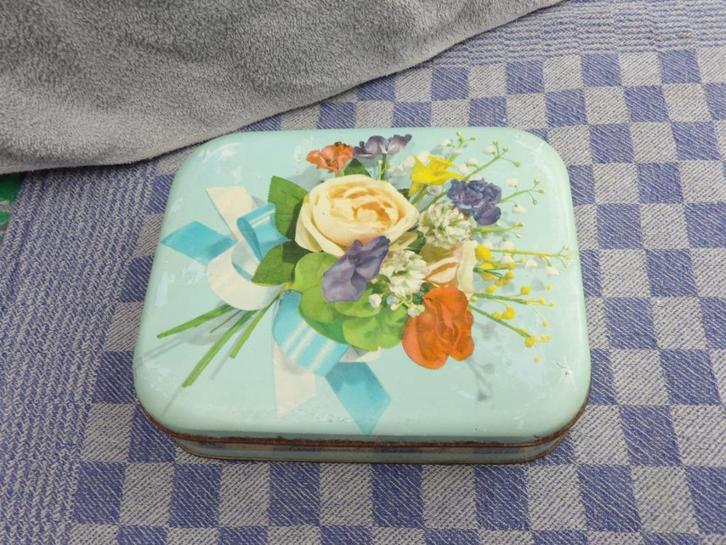oud blik/ voorraadblik/ blik met afbeelding bloemen, Verzamelen, Blikken, Gebruikt, Overige, Overige merken, Ophalen of Verzenden