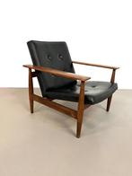 Deense teak fauteuil met zwarte skai bekleding, jaren 60, Huis en Inrichting, Fauteuils, Ophalen, Gebruikt, Minder dan 75 cm, 50 tot 75 cm