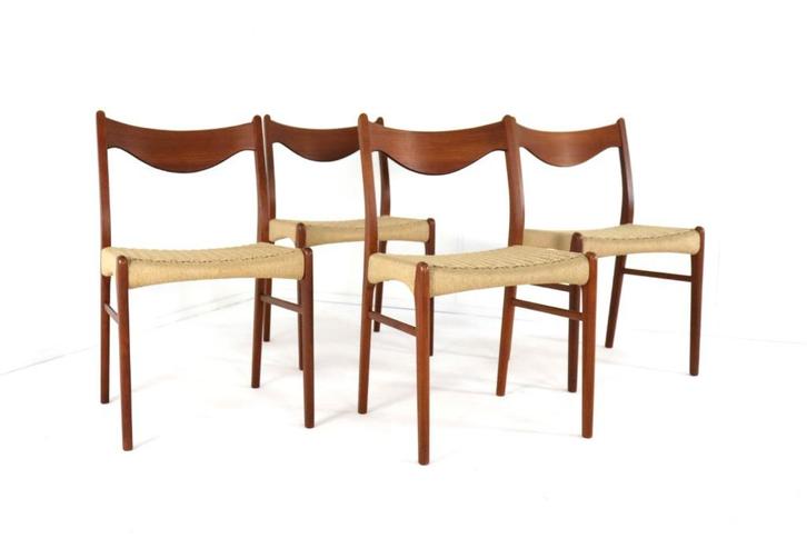 Set 4 Arne Wahl Iversen stoelen Deens vintage papercord, Huis en Inrichting, Stoelen, Vier, Hout, Bruin, Ophalen of Verzenden