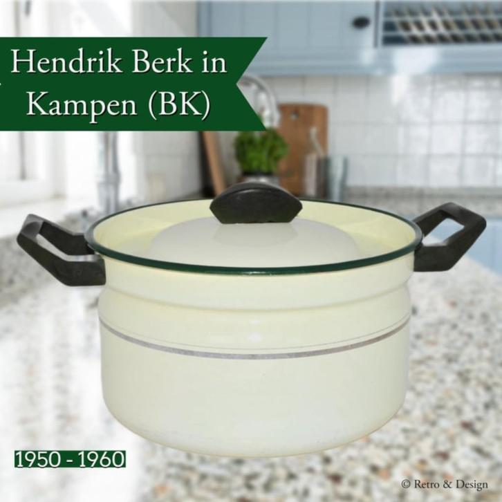 Emaille BK pan, groene rand, gouden bies, bakelieten grepen, Huis en Inrichting, Woonaccessoires | Overige, Gebruikt, Verzenden