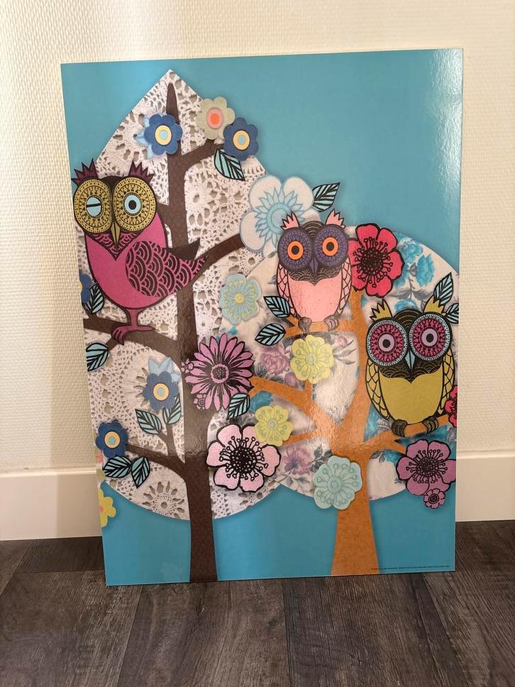 Vrolijk schilderij uilen - kinderkamer, Huis en Inrichting, Woonaccessoires | Wanddecoraties, Zo goed als nieuw, Ophalen