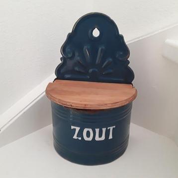 Vintage emaille blauwe (petrol) zoutpot met gouden bies beschikbaar voor biedingen