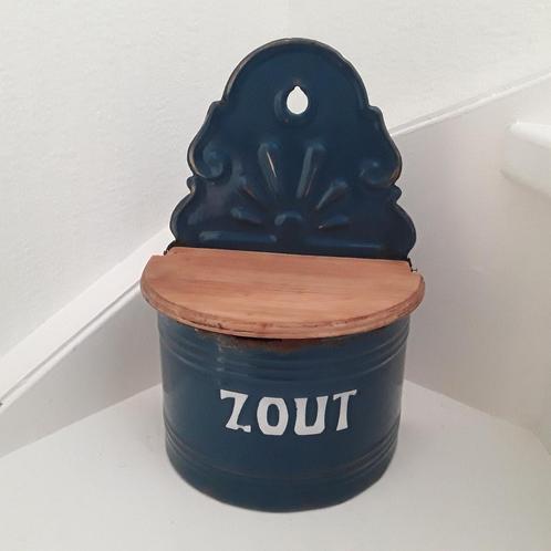 Vintage emaille blauwe (petrol) zoutpot met gouden bies, Antiek en Kunst, Curiosa en Brocante, Ophalen of Verzenden