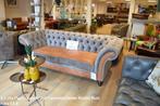 3,5 zits Chesterfield combi grijze stof / cognac leer, Nieuw, 75 tot 100 cm, 200 tot 250 cm, Ophalen
