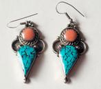 Mooie 925 zilveren oorhangers met turquoise + oranje steen, Hangers, Overige kleuren, Verzenden, Zo goed als nieuw