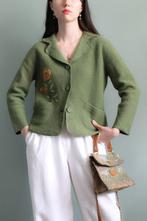 Groen gekookte wol jasje of blazer met bloem applique S, Preloved, Verzenden, Zo goed als nieuw, Jasje
