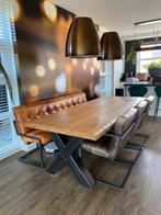 Eikenhouten tafel met leren bank en stoelen, Ophalen, Gebruikt, 100 tot 150 cm, Eikenhout