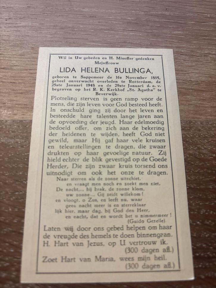 Bullinga Lida 1895 Sappemeer 1948 Rotterdam Beverwijk -25090, Verzamelen, Bidprentjes en Rouwkaarten, Ophalen of Verzenden