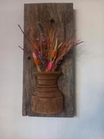 Nepalese vaas, oud houten paneel,droogbloemen,muurdecoratie, Ophalen, Overige materialen, Overige kleuren, Zo goed als nieuw