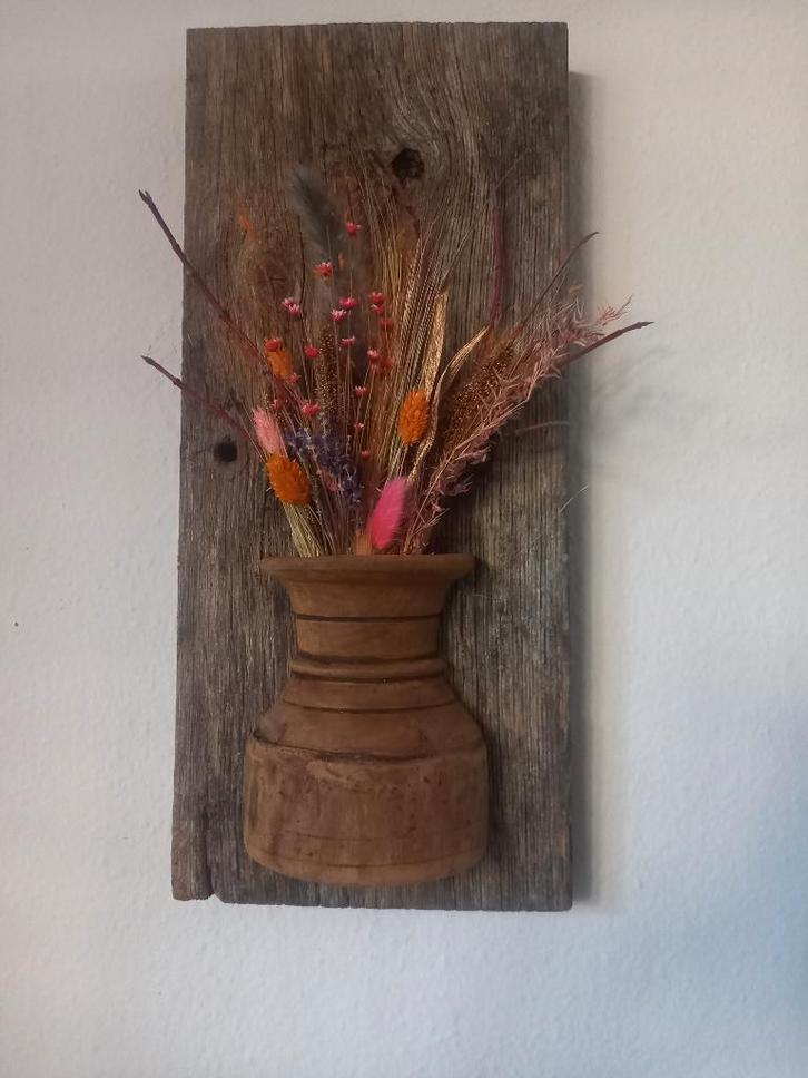 Nepalese vaas, oud houten paneel,droogbloemen,muurdecoratie, Huis en Inrichting, Woonaccessoires | Vazen, Zo goed als nieuw, Overige kleuren