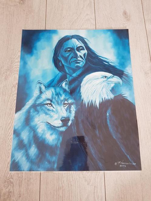 Felblauwe indianen print, Huis en Inrichting, Woonaccessoires | Schilderijen, Tekeningen en Foto's, Zo goed als nieuw, Print, 50 tot 75 cm