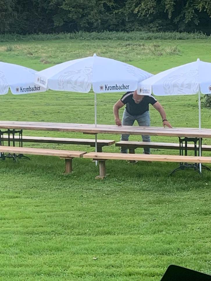 Terrasmeubels voor feest + kussens, parasols, paviljoens, Tuin en Terras, Picknicktafels, Gebruikt, Rechthoekig, Hout, Ophalen of Verzenden