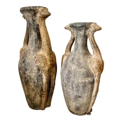 vintage set van twee XL kleien tribale giraffe vazen, Huis en Inrichting, Woonaccessoires | Vazen, Gebruikt, 75 cm of meer, Overige materialen