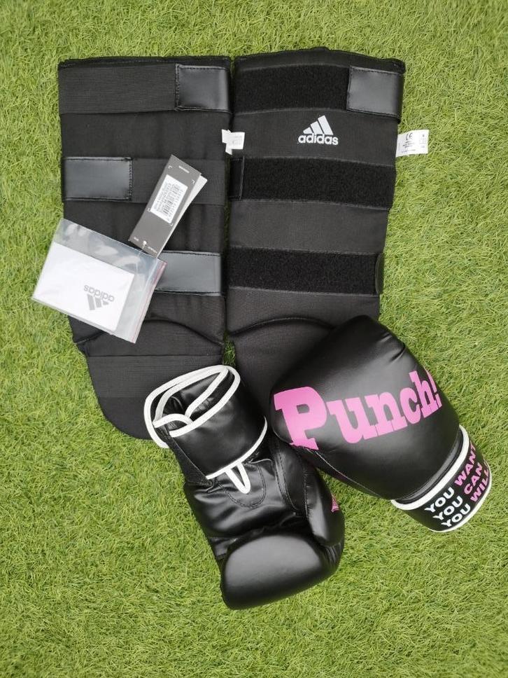 Punch! bokshandschoenen 12 oz en Adidas scheenbeschermers M, Sport en Fitness, Boksen, Zo goed als nieuw, Boksbeschermers, Ophalen of Verzenden