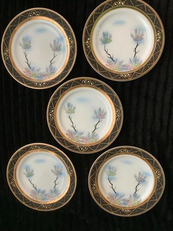 5 Japanse Handbeschilderde Bordjes - 17cm, porselein beschikbaar voor biedingen