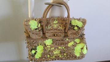 Tas Mia Bag beige/geel/groen met studs, spikes en steentjes beschikbaar voor biedingen