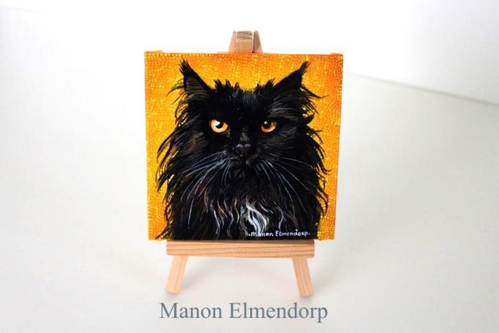 Uniek Handgeschilderd Schilderijtje Kat inclusief Ezeltje, Antiek en Kunst, Kunst | Schilderijen | Modern, Ophalen of Verzenden